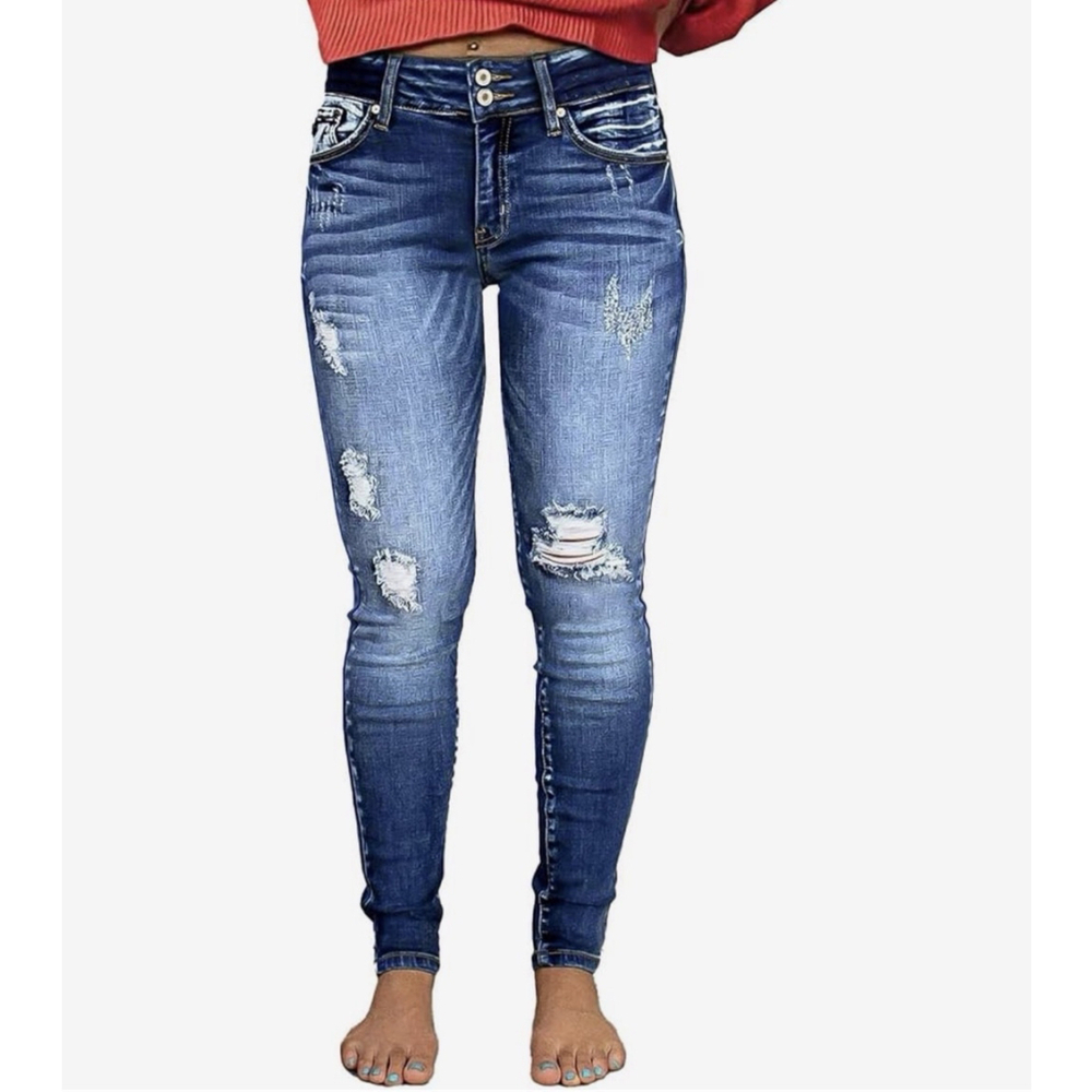 Flamingals Women's Mid Waist Ripped Double Button Skinny Pants 3XL